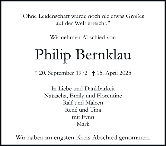 Traueranzeige von Philip Bernklau von Hamburger Abendblatt