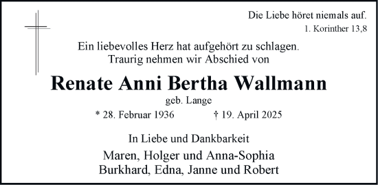 Traueranzeige von Renate Anni Bertha Wallmann von Hamburger Abendblatt