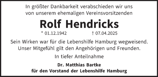 Traueranzeige von Rolf Hendricks von Hamburger Abendblatt