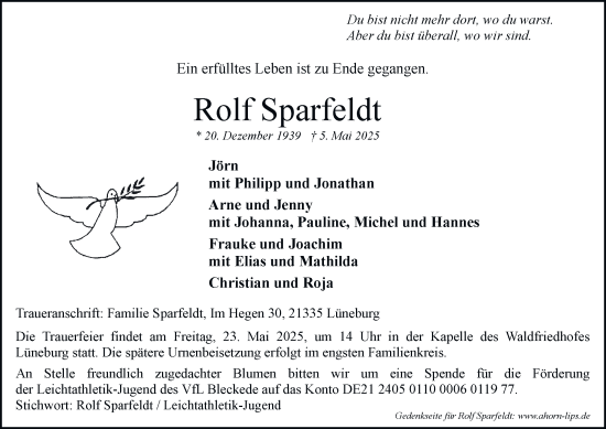Traueranzeige von Rolf Sparfeldt von Hamburger Abendblatt