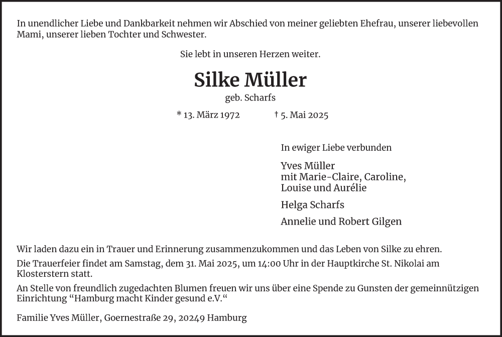  Traueranzeige für Silke Müller vom 17.05.2025 aus Hamburger Abendblatt