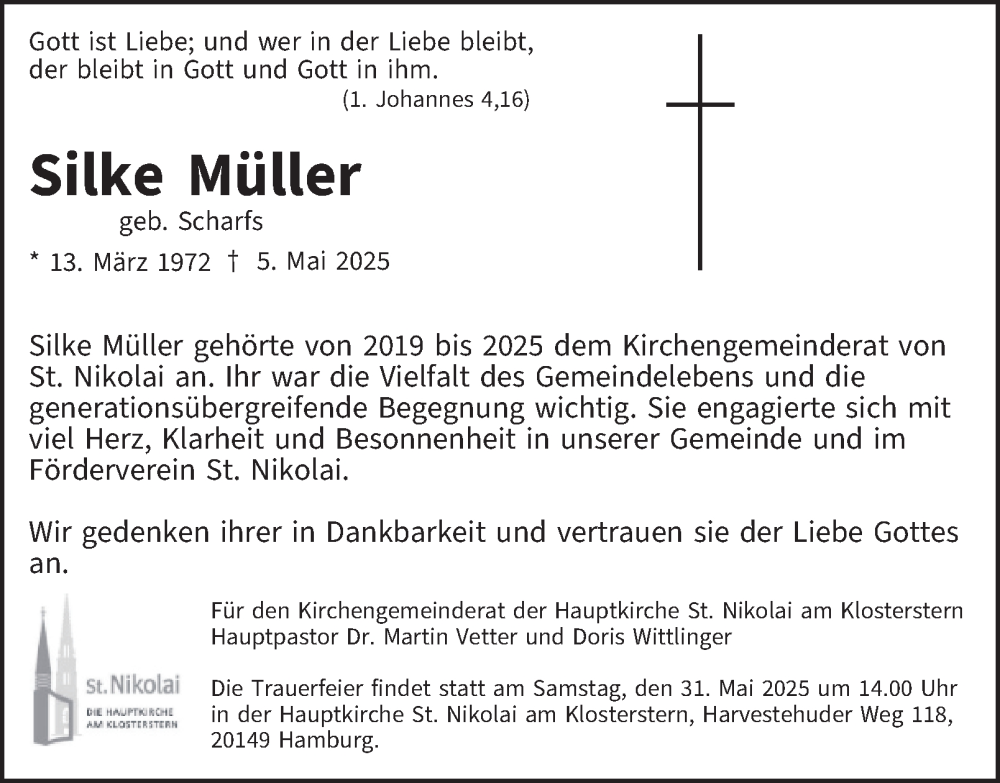  Traueranzeige für Silke Müller vom 24.05.2025 aus Hamburger Abendblatt