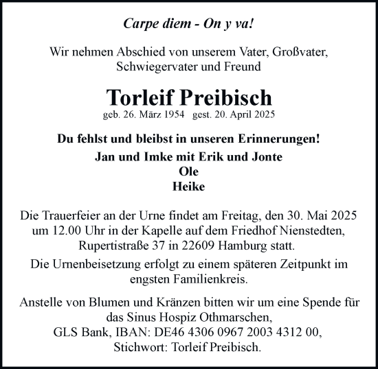 Traueranzeige von Torleif Preibisch von Hamburger Abendblatt