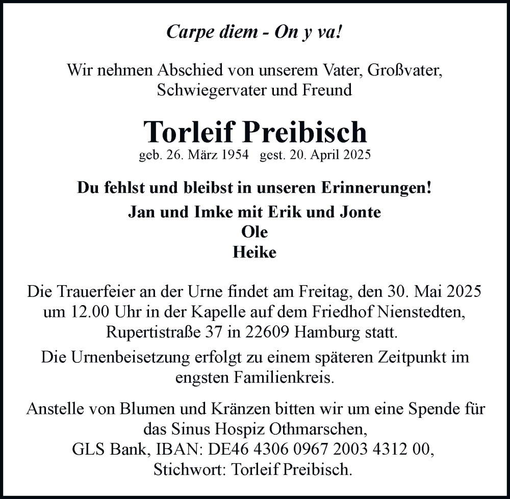  Traueranzeige für Torleif Preibisch vom 17.05.2025 aus Hamburger Abendblatt