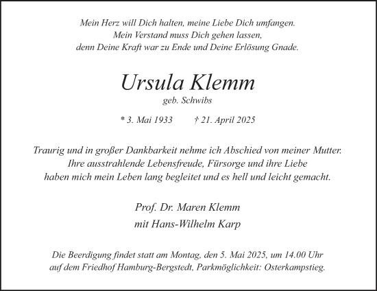 Traueranzeige von Ursula Klemm von Hamburger Abendblatt