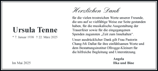 Traueranzeige von Ursula Tenne von Bergedorfer Zeitung