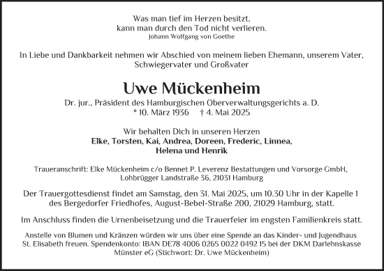 Traueranzeige von Uwe Mückenheim von Hamburger Abendblatt, Bergedorfer Zeitung