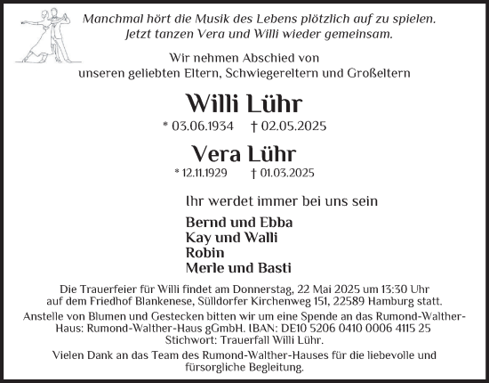 Traueranzeige von Vera Lühr von Hamburger Abendblatt