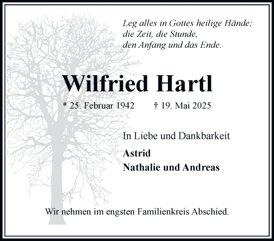 Traueranzeige von Wilfried Hartl von Bergedorfer Zeitung