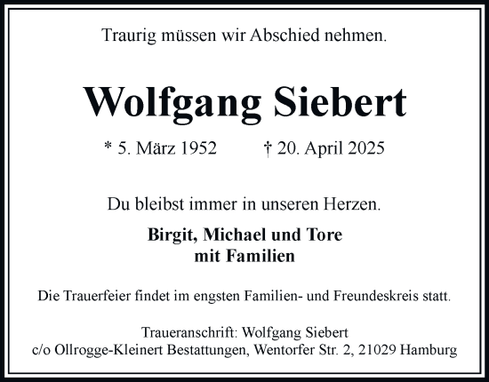 Traueranzeige von Wolfgang Siebert von Bergedorfer Zeitung