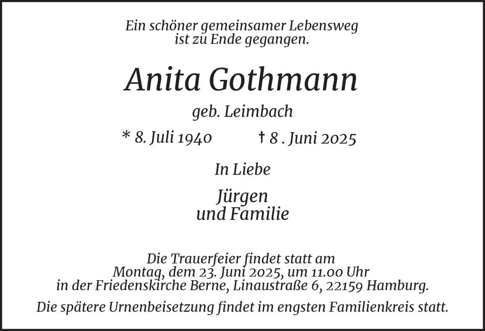  Traueranzeige für Anita Gothmann vom 14.06.2025 aus Hamburger Abendblatt
