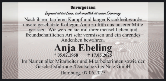 Traueranzeige von Anja Ebeling von Hamburger Abendblatt