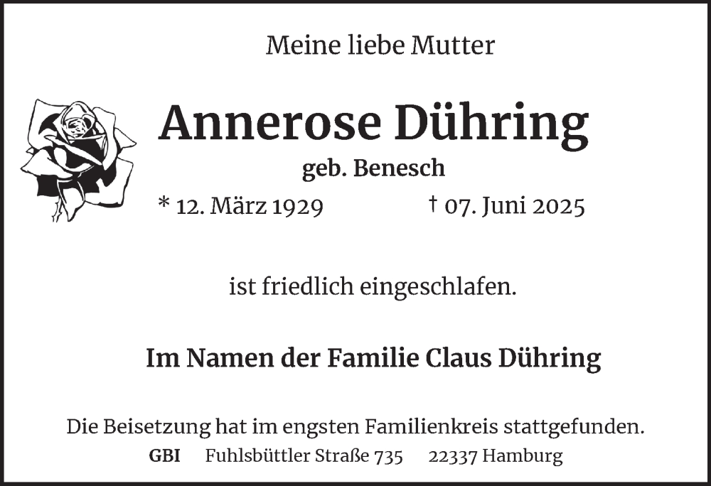  Traueranzeige für Annerose Dühring vom 28.06.2025 aus Bergedorfer Zeitung