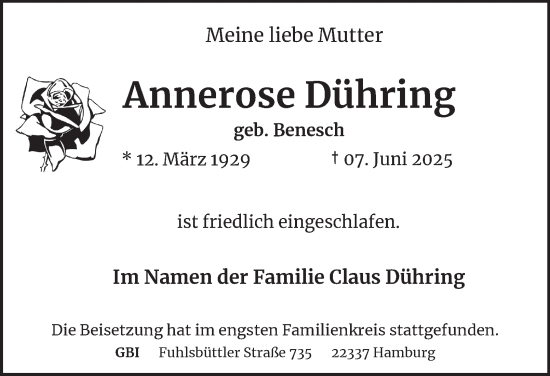 Traueranzeige von Annerose Dühring von Bergedorfer Zeitung