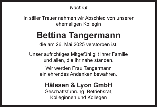 Traueranzeige von Bettina Tangermann von Hamburger Abendblatt