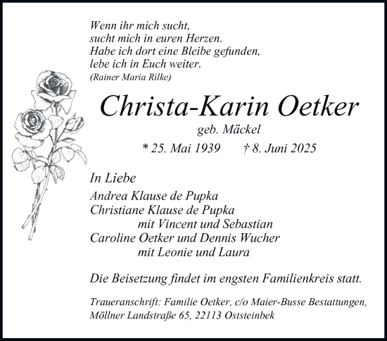 Traueranzeige von Christa-Karin Oetker von Hamburger Abendblatt