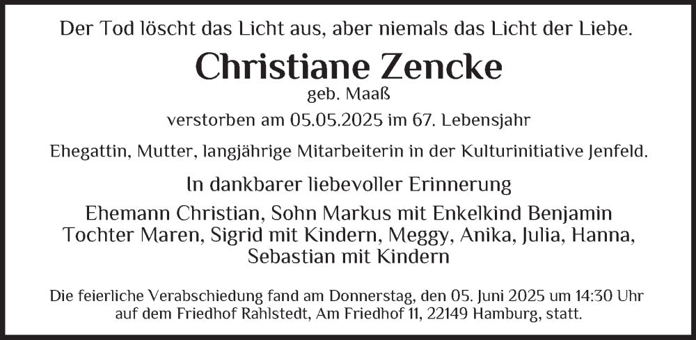  Traueranzeige für Christiane Zencke vom 07.06.2025 aus 
