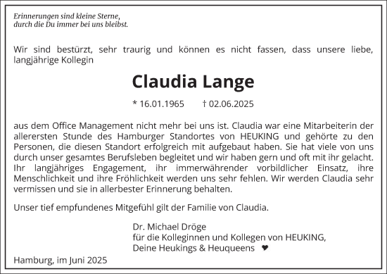 Traueranzeige von Claudia Lange von Hamburger Abendblatt