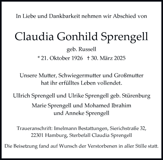 Traueranzeige von Claudia  Sprengell von Hamburger Abendblatt