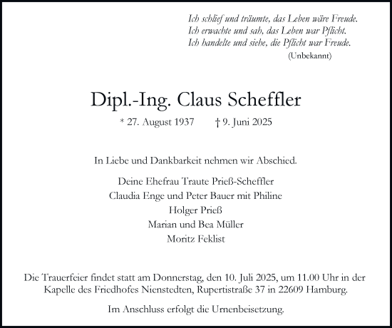 Traueranzeige von Claus Scheffler von Hamburger Abendblatt