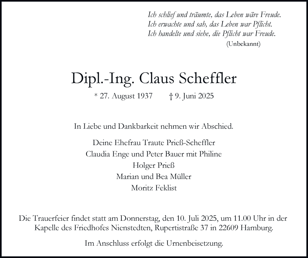  Traueranzeige für Claus Scheffler vom 28.06.2025 aus Hamburger Abendblatt