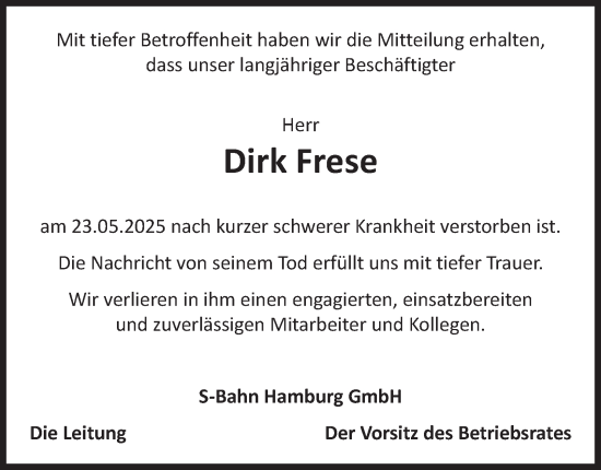 Traueranzeige von Dirk Frese 