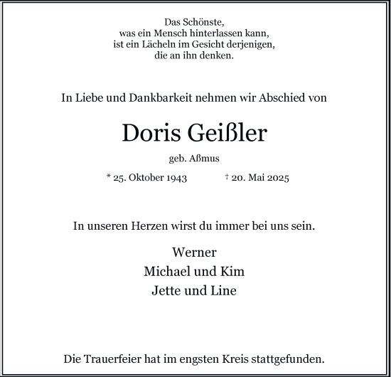 Traueranzeige von Doris Geißler 