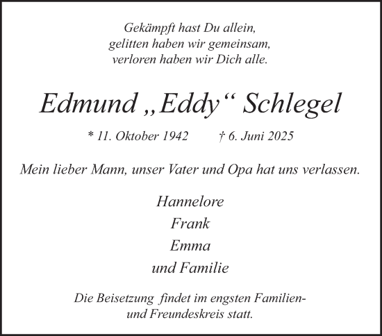 Traueranzeige von Edmund Schlegel von Hamburger Abendblatt