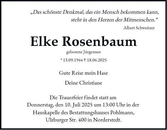 Traueranzeige von Elke Rosenbaum von Hamburger Abendblatt