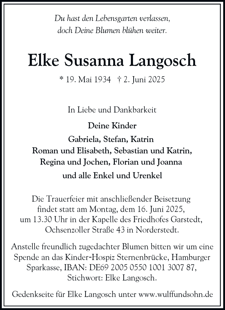  Traueranzeige für Elke Susanna Langosch vom 14.06.2025 aus Hamburger Abendblatt