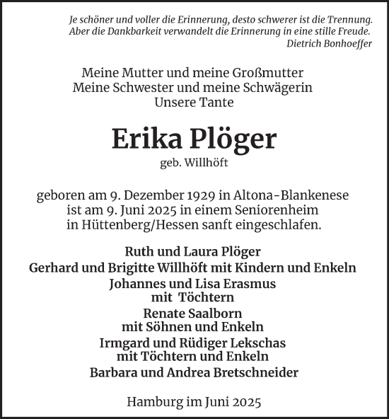 Traueranzeige von Erika Plöger von Hamburger Abendblatt