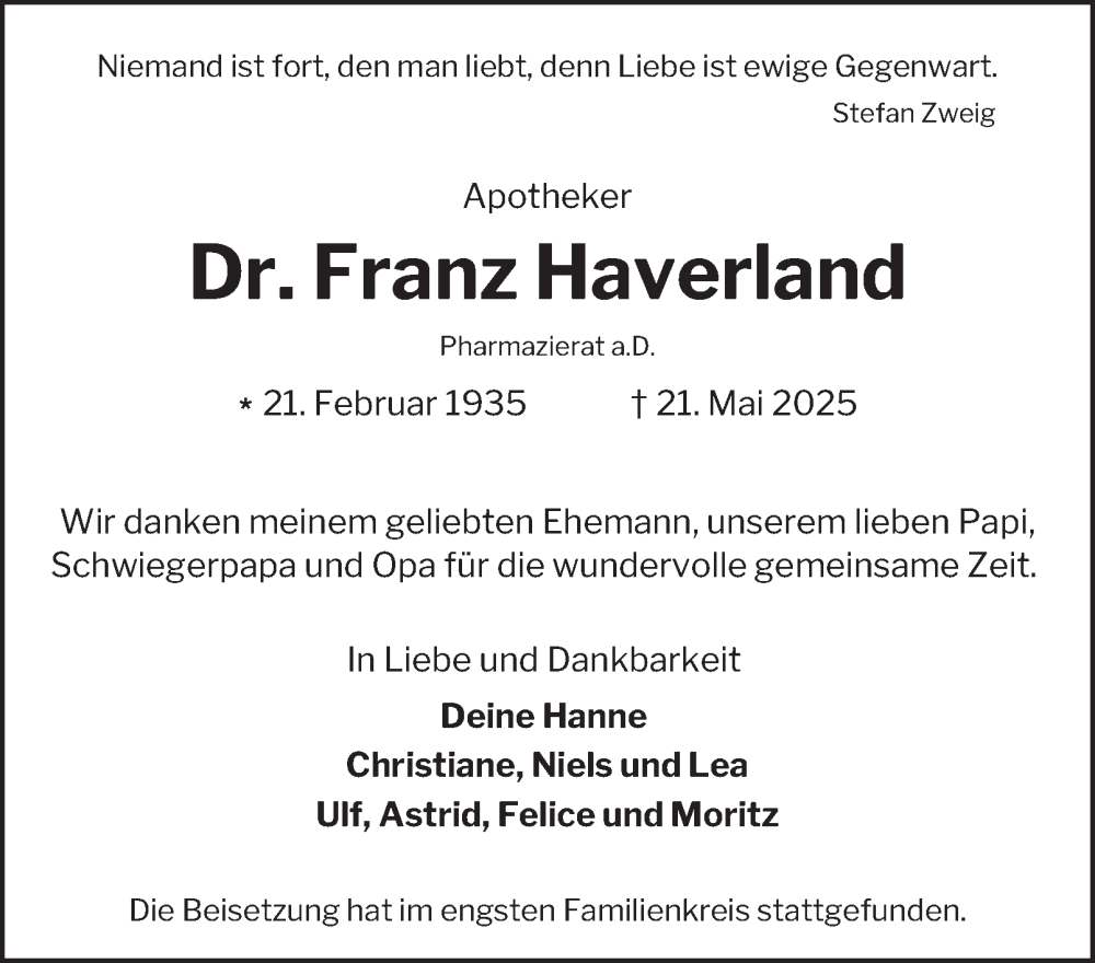  Traueranzeige für Franz Haverland vom 21.06.2025 aus Hamburger Abendblatt