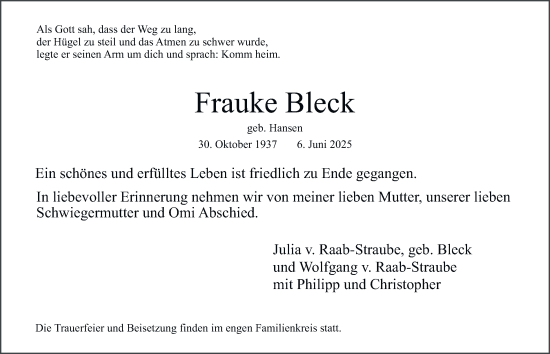 Traueranzeige von Frauke Bleck von Hamburger Abendblatt
