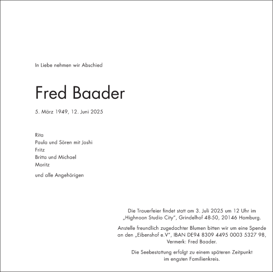 Traueranzeige von Fred Baader von Hamburger Abendblatt