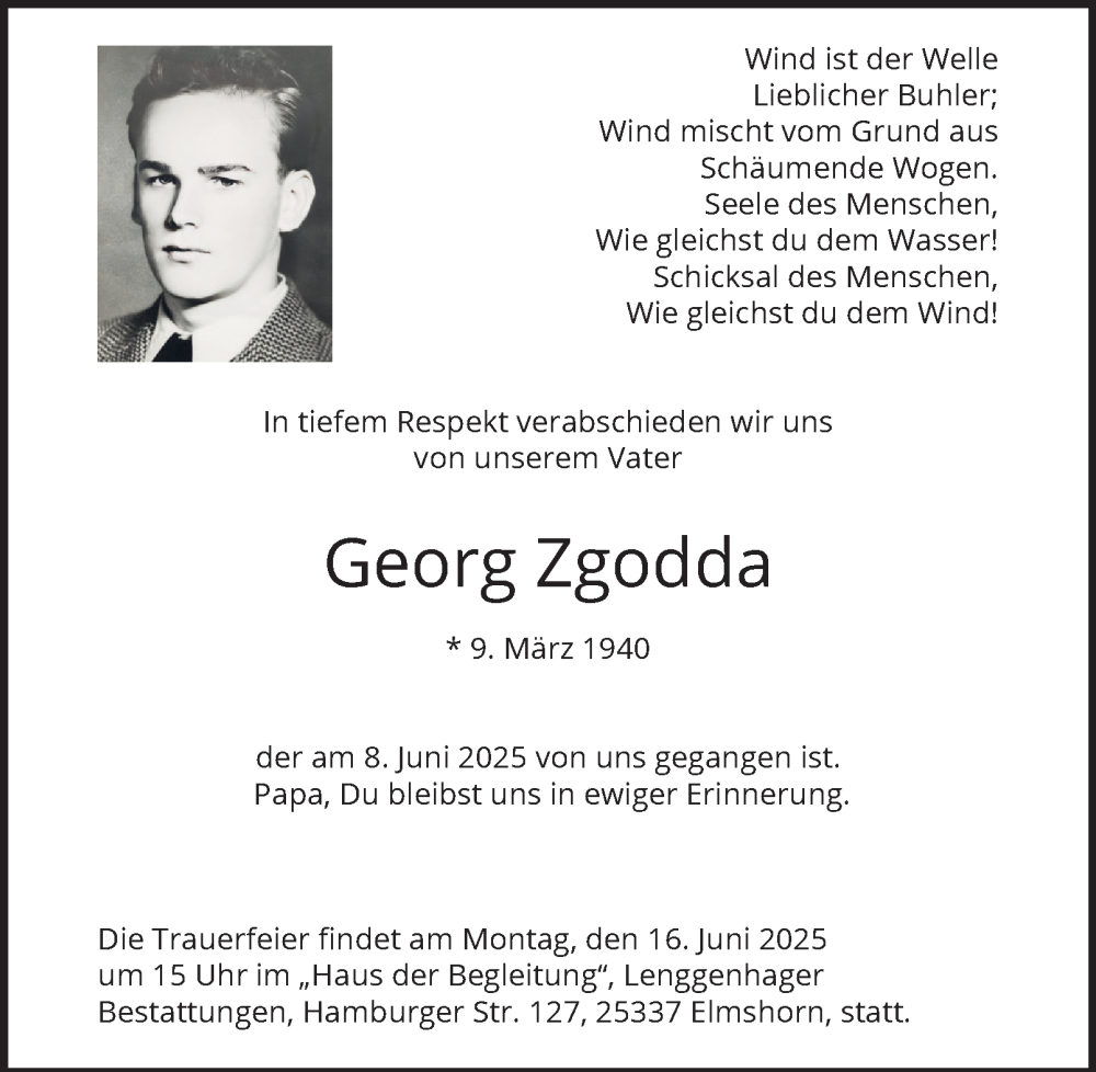  Traueranzeige für Georg Zgodda vom 14.06.2025 aus Hamburger Abendblatt