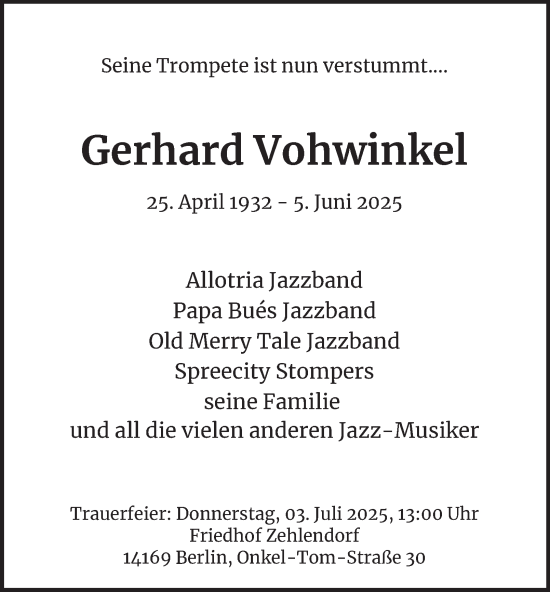 Traueranzeige von Gerhard Vohwinkel von Hamburger Abendblatt