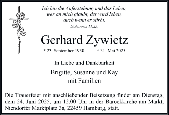 Traueranzeige von Gerhard Zywietz 