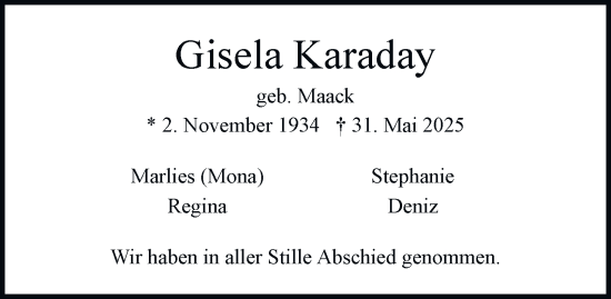 Traueranzeige von Gisela Karaday von Hamburger Abendblatt