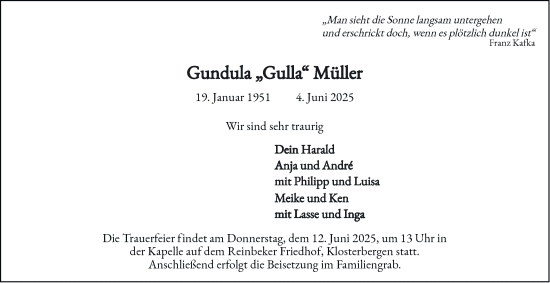 Traueranzeige von Gundula Müller von Bergedorfer Zeitung