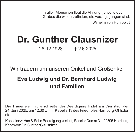 Traueranzeige von Gunther Clausnizer von Hamburger Abendblatt