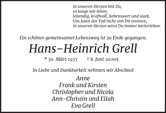 Traueranzeige von Hans-Heinrich Grell von Hamburger Abendblatt