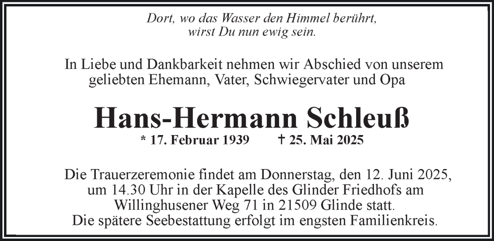  Traueranzeige für Hans-Hermann Schleuß vom 07.06.2025 aus Hamburger Abendblatt, Bergedorfer Zeitung