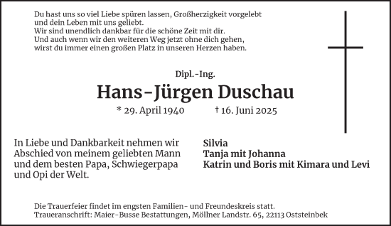 Traueranzeige von Hans-Jürgen Duschau von Hamburger Abendblatt