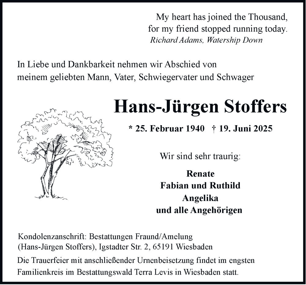  Traueranzeige für Hans-Jürgen Stoffers vom 28.06.2025 aus Hamburger Abendblatt