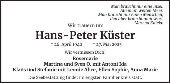 Traueranzeige von Hans-Peter Küster von Hamburger Abendblatt