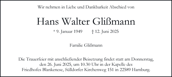 Traueranzeige von Hans Walter Glißmann von Hamburger Abendblatt