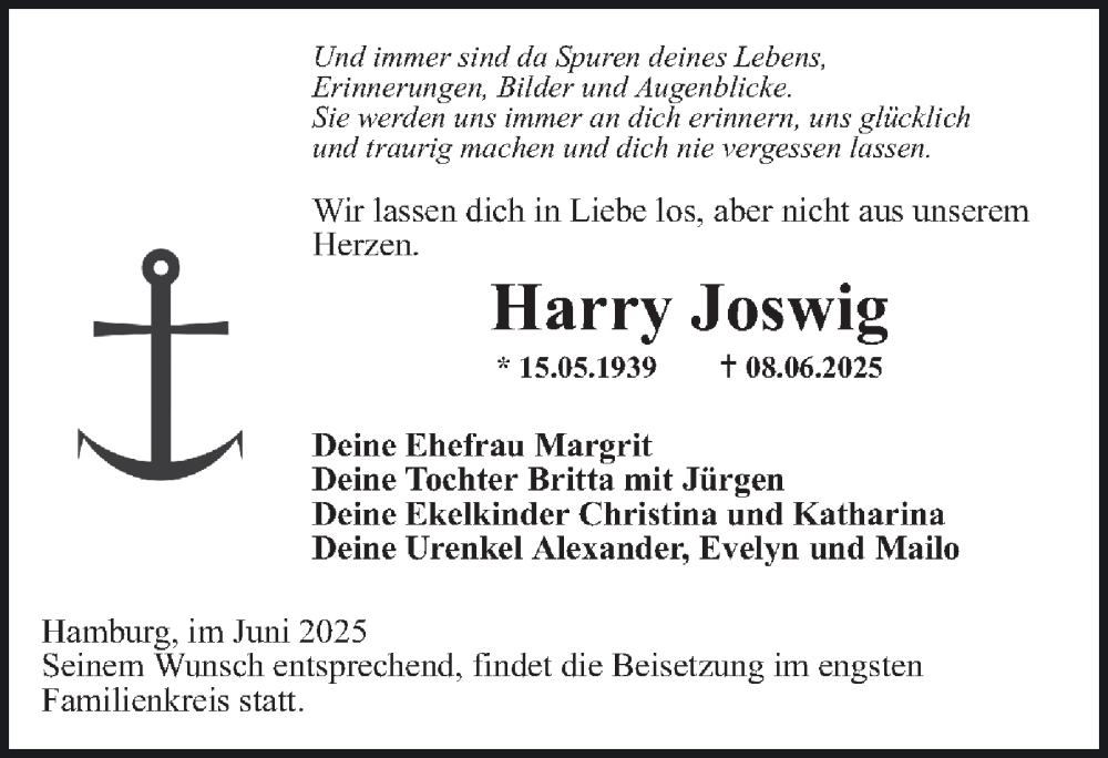  Traueranzeige für Harry Joswig vom 14.06.2025 aus Bergedorfer Zeitung
