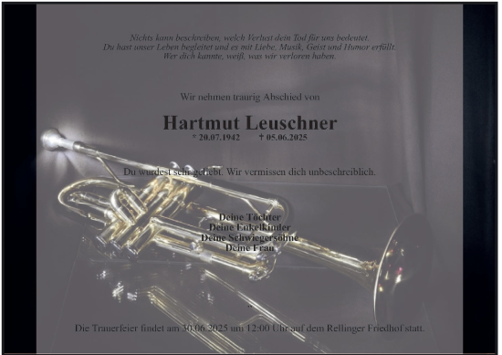 Traueranzeige von Hartmut Leuschner von Hamburger Abendblatt, HA Regio Pinneberg