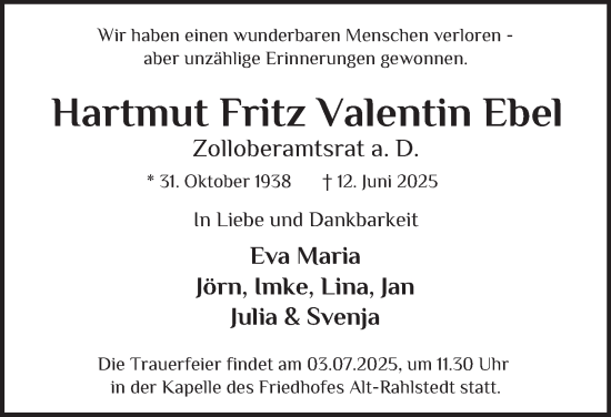 Traueranzeige von Hartmut Fritz Valentin Ebel von Hamburger Abendblatt