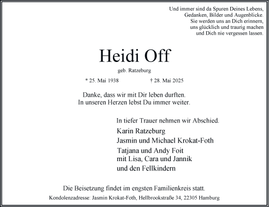 Traueranzeige von Heidi Off von Hamburger Abendblatt